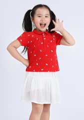 Áo Polo Ngắn Tay Bé Gái Đỏ Họa Tiết Hoa Nhỏ