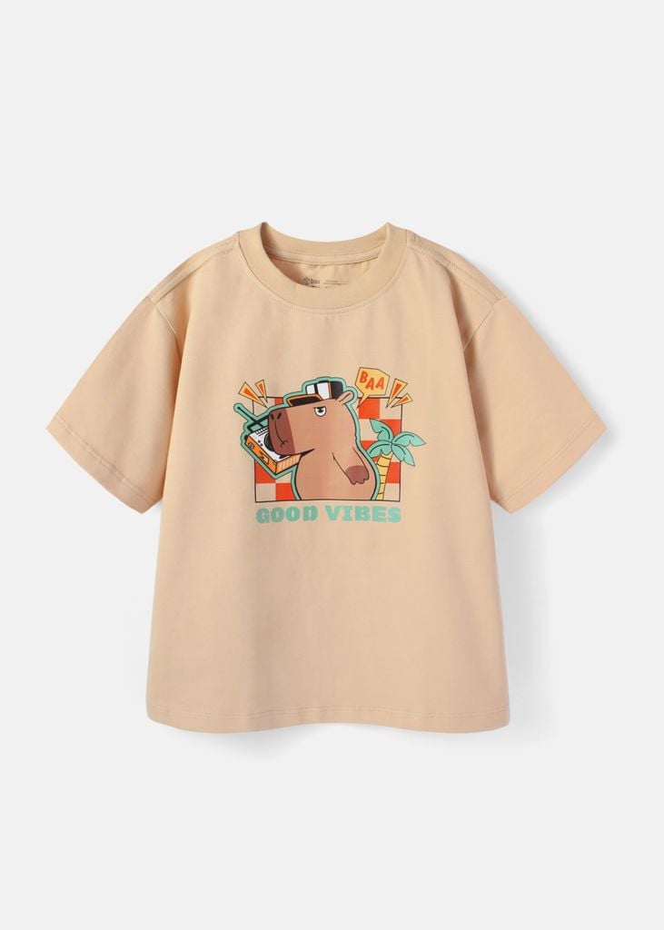Áo Thun Form Rộng Bé Trai 195gsm Be Capybara Good Vibes