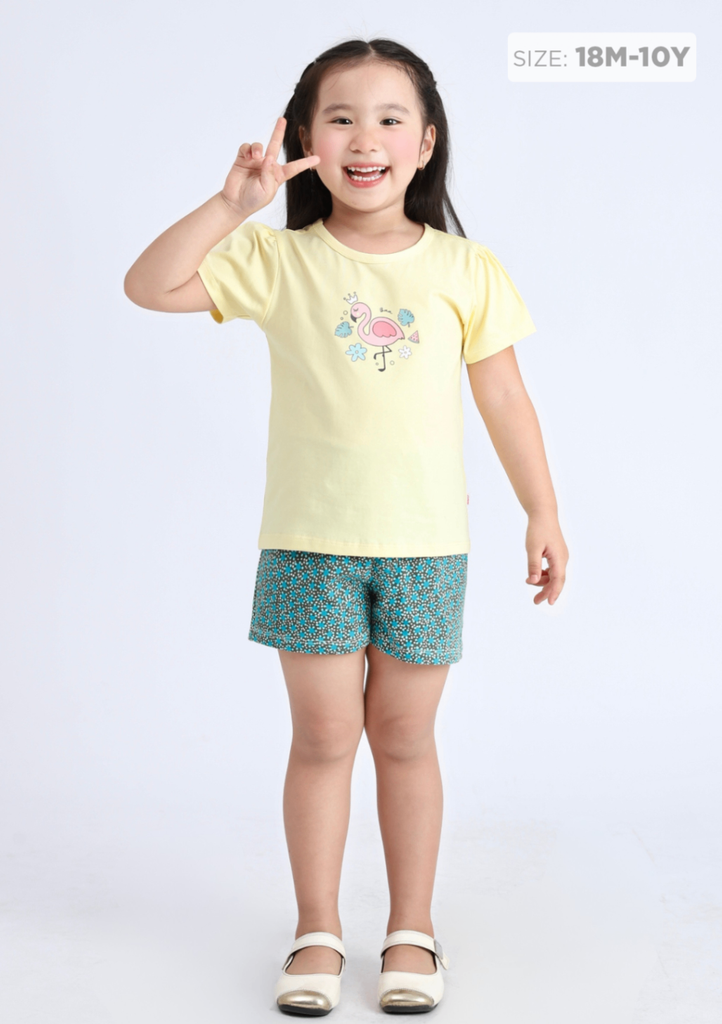 Đồ Bộ Ngắn Tay Bé Gái Vàng Cute Flamingo