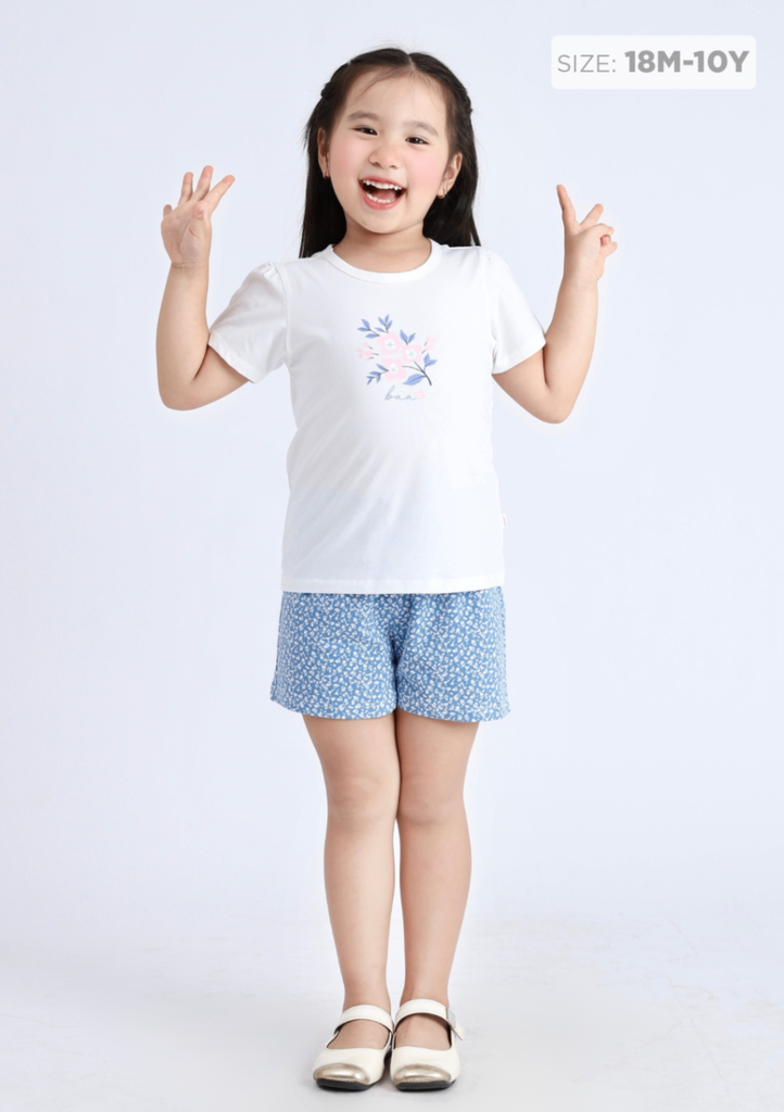 Đồ Bộ Ngắn Tay Bé Gái Trắng Kem Hoa Xinh