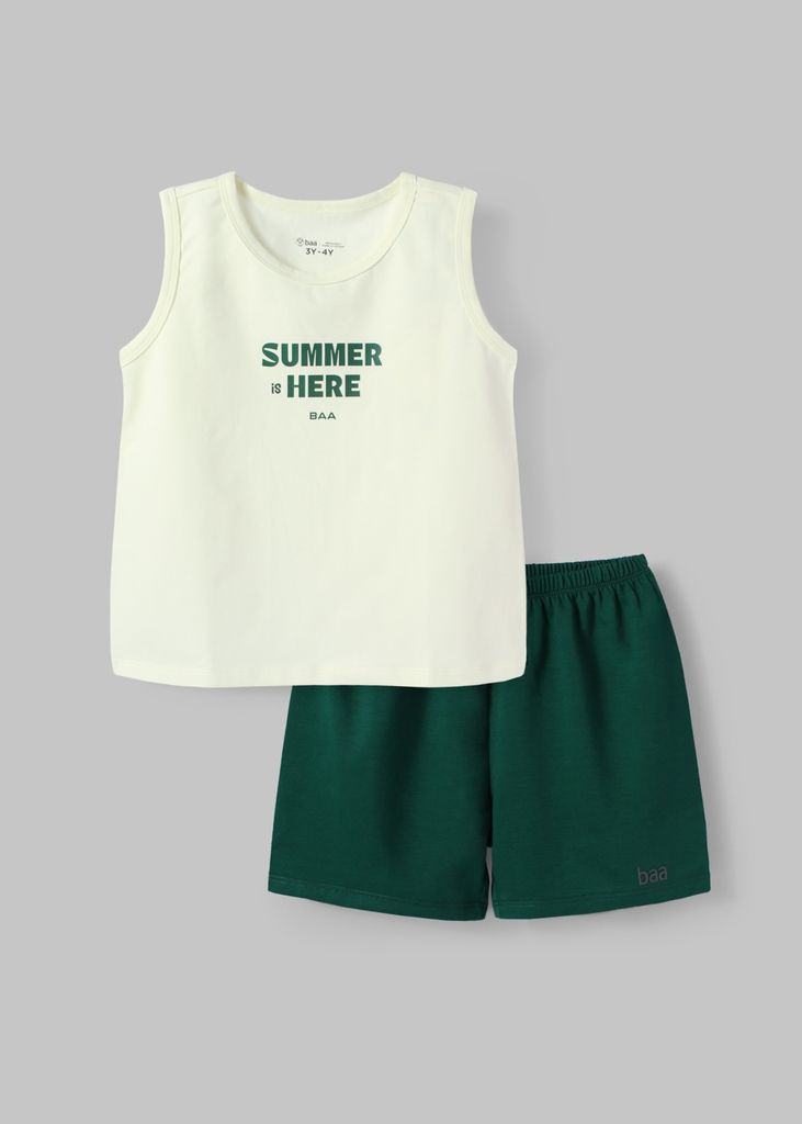 Đồ Bộ Ba Lỗ Bé Trai Kem Phối Xanh Lá Summer Here