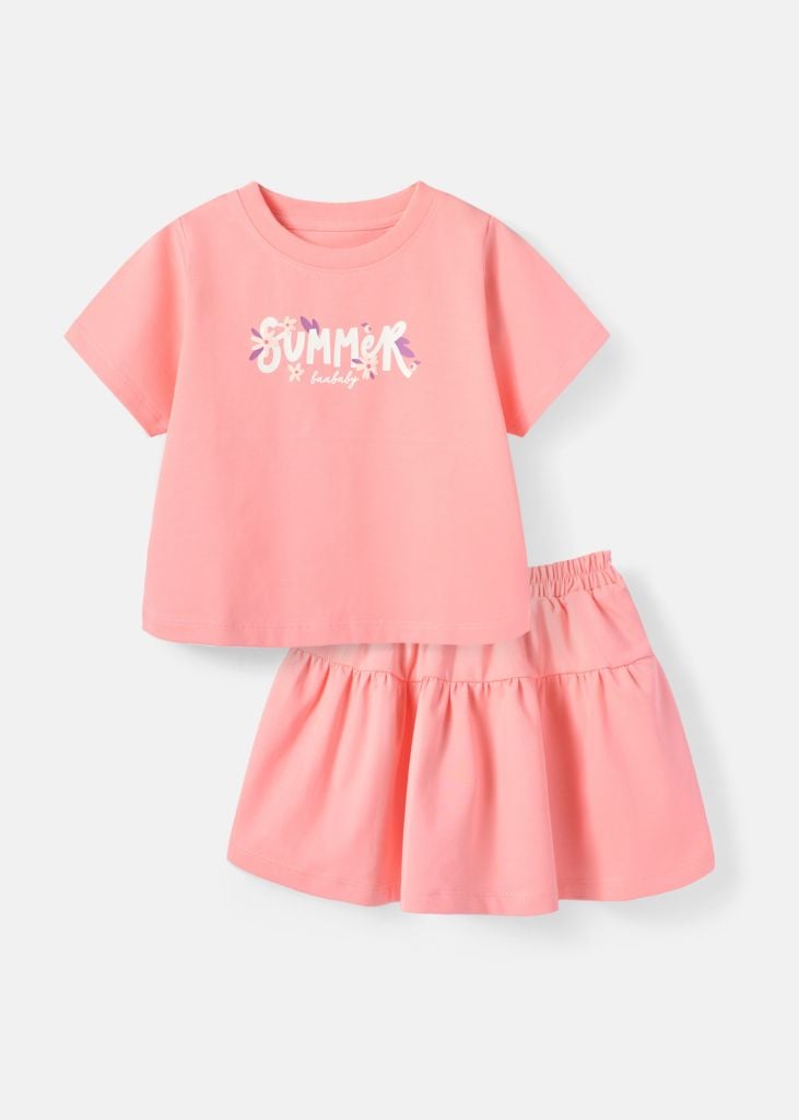 Set Áo Thun Lửng & Chân Váy Bé Gái 195gsm Hồng Summer