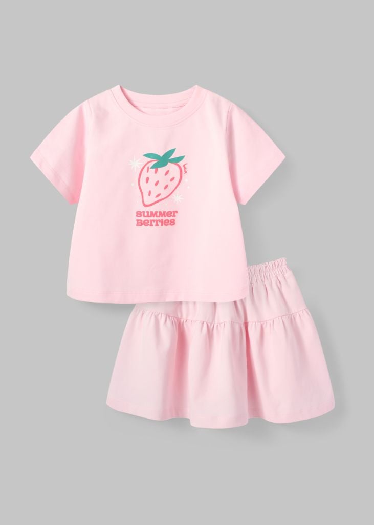 Set Áo Thun Lửng & Chân Váy Bé Gái 195gsm Hồng Summer Berries