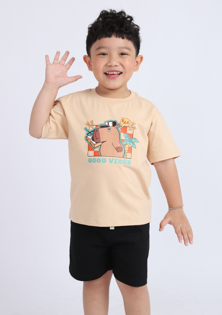 Áo Thun Form Rộng Bé Trai 195gsm Be Capybara Good Vibes