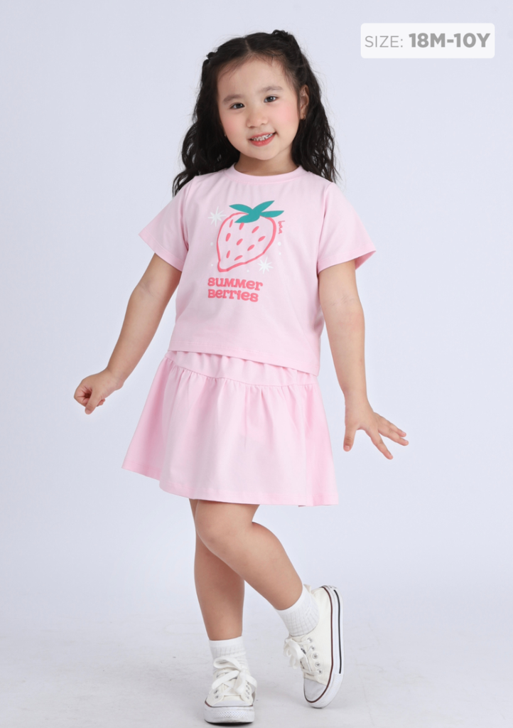 Set Áo Thun Lửng & Chân Váy Bé Gái 195gsm Hồng Summer Berries