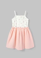 Đầm Hai Dây Thun Gân Phối Xô Muslin Bé Gái Hồng Hoa