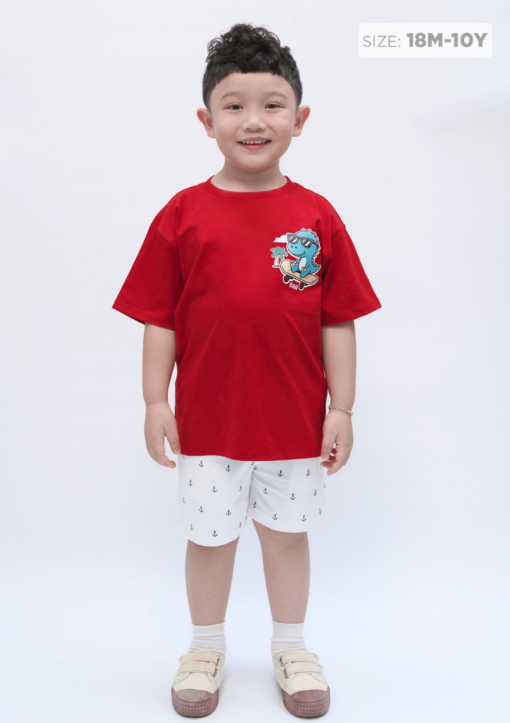Áo Thun Form Rộng Bé Trai 195gsm Đỏ Khủng Long
