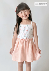 Đầm Hai Dây Thun Gân Phối Xô Muslin Bé Gái Hồng Hoa