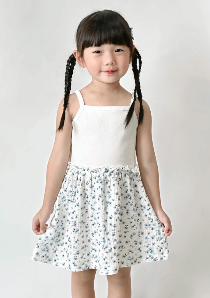 Đầm Hai Dây Thun Gân Phối Xô Muslin Bé Gái Trắng Hoa