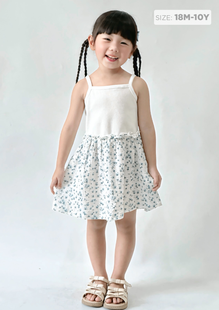 Đầm Hai Dây Thun Gân Phối Xô Muslin Bé Gái Trắng Hoa