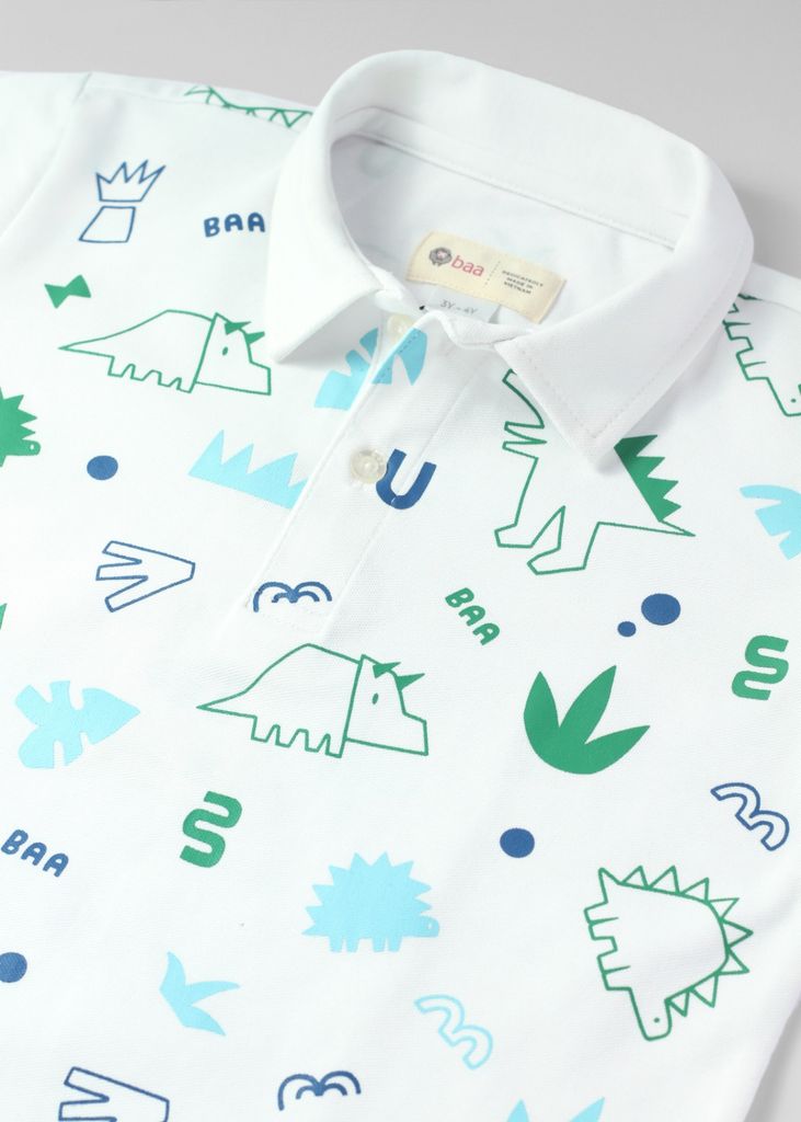 Áo Polo Bé Trai Trắng Hoạ Tiết Khủng Long 02