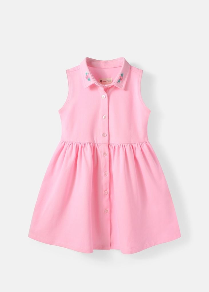 Đầm Polo Cộc Tay Bé Gái Hồng Cổ Thêu Hoa