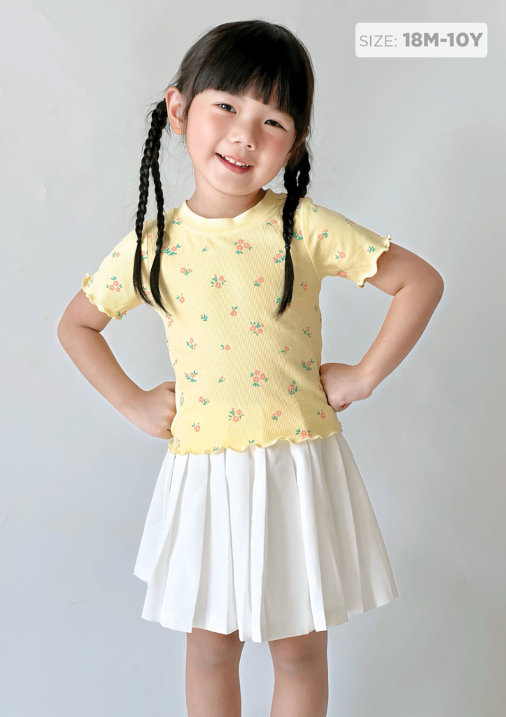 Áo Thun Ngắn Tay Bé Gái Vàng Gân Hoa Nhỏ