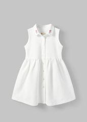 Đầm Polo Cộc Tay Bé Gái Trắng Kem Cổ Thêu Hoa