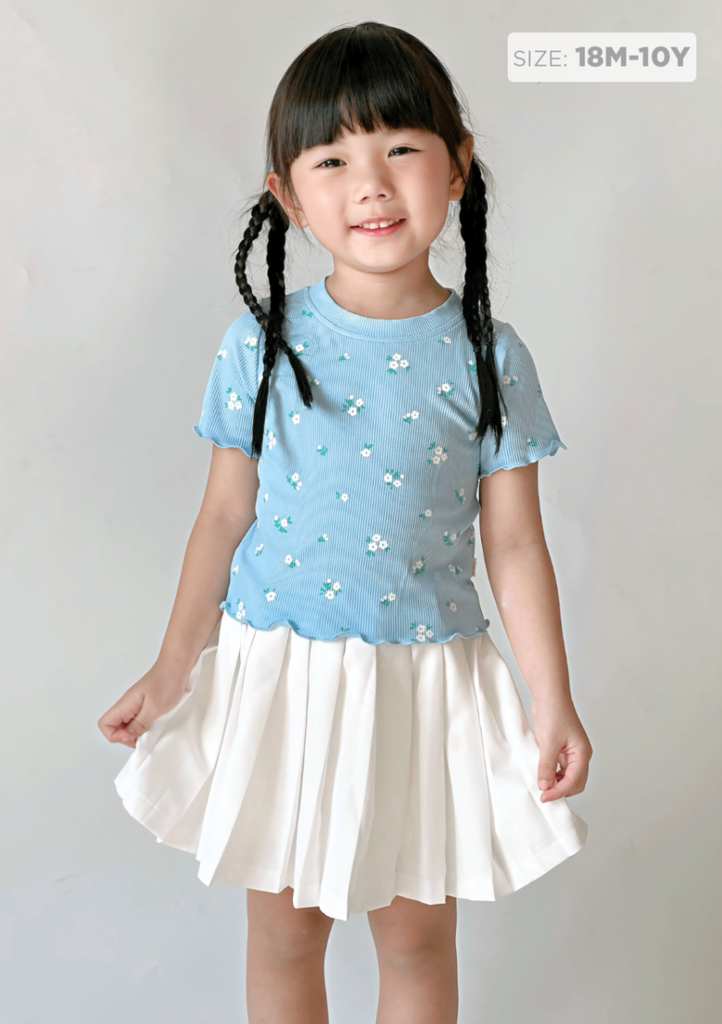 Áo Thun Ngắn Tay Bé Gái Xanh Gân Hoa Nhỏ