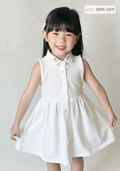 Đầm Polo Cộc Tay Bé Gái Trắng Kem Cổ Thêu Hoa