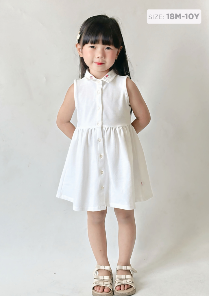Đầm Polo Cộc Tay Bé Gái Trắng Kem Cổ Thêu Hoa