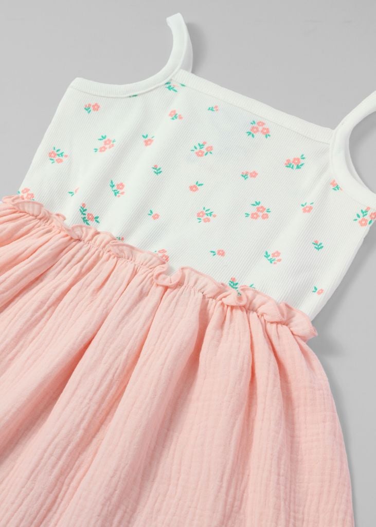 Đầm Hai Dây Thun Gân Phối Xô Muslin Bé Gái Hồng Hoa