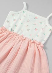 Đầm Hai Dây Thun Gân Phối Xô Muslin Bé Gái Hồng Hoa