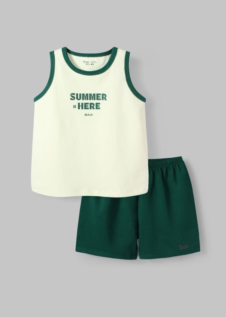 Đồ Bộ Ba Lỗ Bé Trai Kem Phối Xanh Lá Summer Here 03