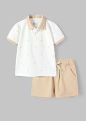 Set Polo Bé Trai Trắng Phối Be Hoạ Tiết Cây Dừa