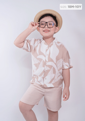 Set Sơ-Mi Pyjamas Bé Trai Linen Nâu Hoạ Tiết Mùa Hè