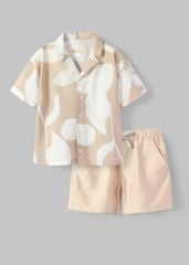 Set Sơ-Mi Pyjamas Bé Trai Linen Nâu Hoạ Tiết Mùa Hè