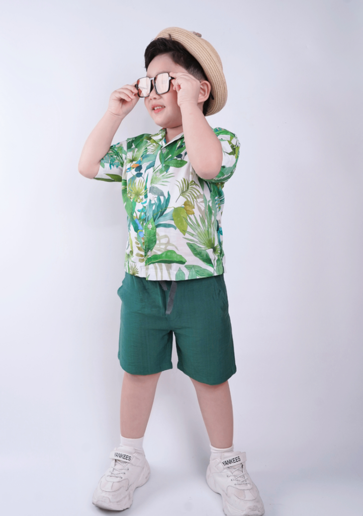 Set Sơ-Mi Pyjamas Bé Trai Linen Xanh Hoạ Tiết Mùa Hè