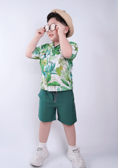 Set Sơ-Mi Pyjamas Bé Trai Linen Xanh Hoạ Tiết Mùa Hè