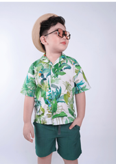 Set Sơ-Mi Pyjamas Bé Trai Linen Xanh Hoạ Tiết Mùa Hè