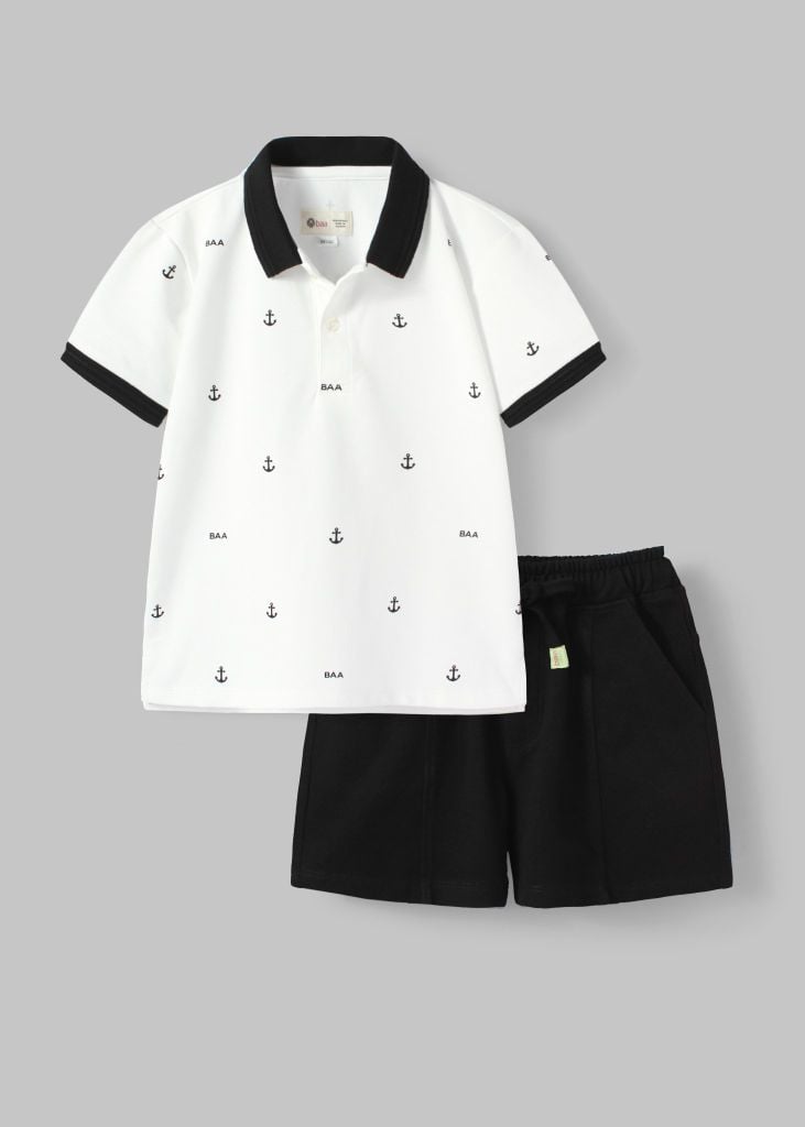 Set Polo Bé Trai Trắng Phối Đen Hoạ Tiết Mỏ Neo