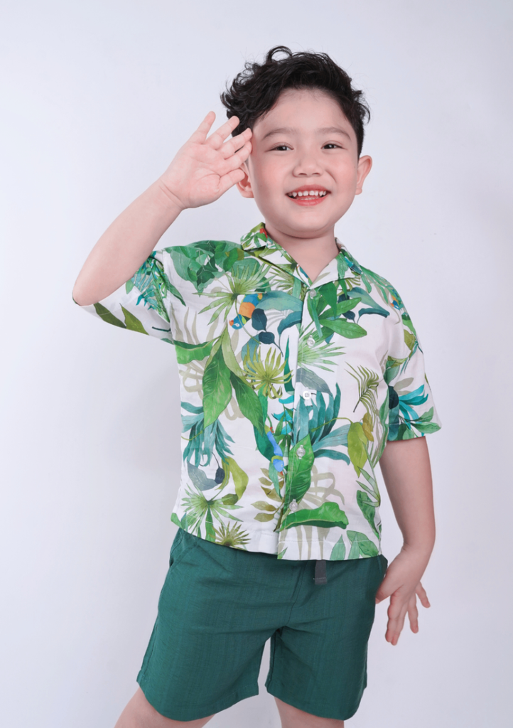 Set Sơ-Mi Pyjamas Bé Trai Linen Xanh Hoạ Tiết Mùa Hè