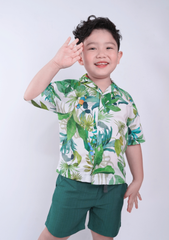 Set Sơ-Mi Pyjamas Bé Trai Linen Xanh Hoạ Tiết Mùa Hè