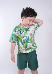 Set Sơ-Mi Pyjamas Bé Trai Linen Xanh Hoạ Tiết Mùa Hè