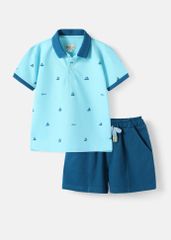 Set Polo Bé Trai Xanh Phối Hoạ Tiết Chiếc Thuyền