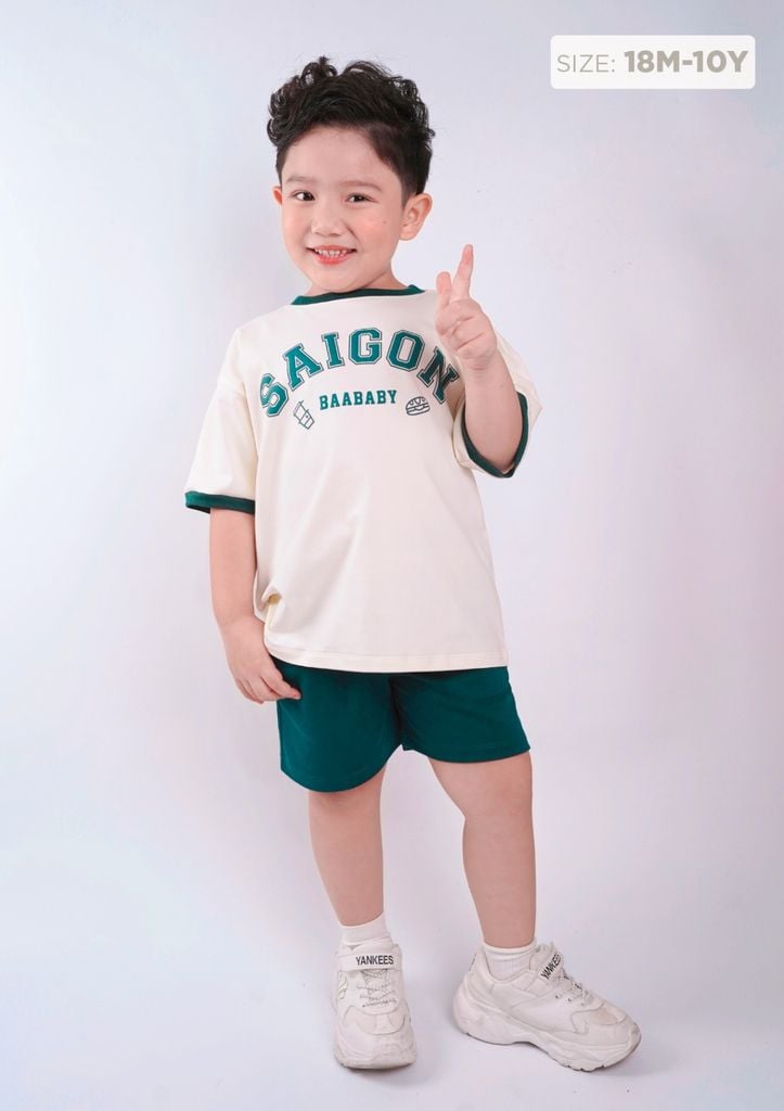 Set Thun Form Rộng Bé Trai Kem Phối Xanh Lá Saigon
