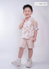 Set Sơ-Mi Pyjamas Bé Trai Linen Nâu Hoạ Tiết Mùa Hè