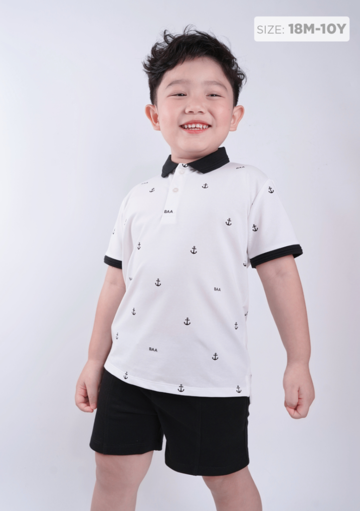 Set Polo Bé Trai Trắng Phối Đen Hoạ Tiết Mỏ Neo