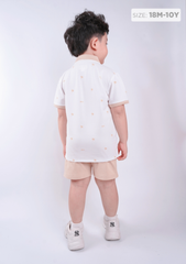 Set Polo Bé Trai Trắng Phối Be Hoạ Tiết Cây Dừa