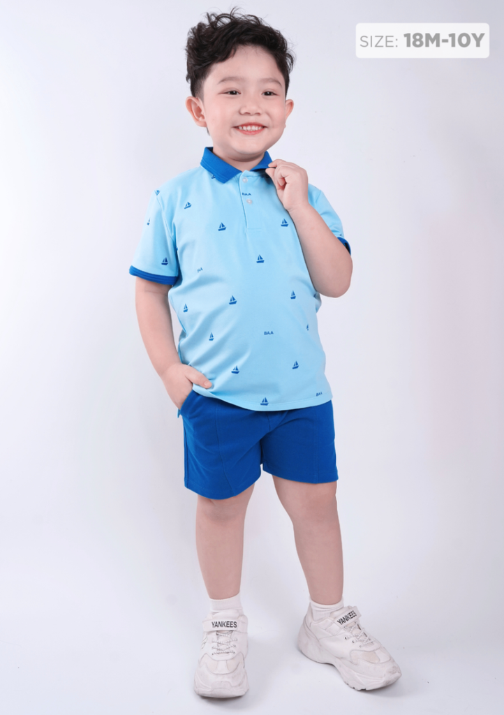 Set Polo Bé Trai Xanh Phối Hoạ Tiết Chiếc Thuyền
