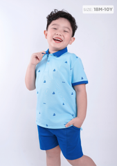 Set Polo Bé Trai Xanh Phối Hoạ Tiết Chiếc Thuyền