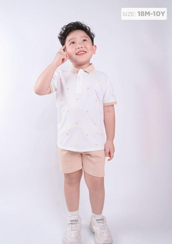 Set Polo Bé Trai Trắng Phối Be Hoạ Tiết Cây Dừa