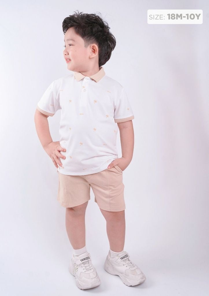 Set Polo Bé Trai Trắng Phối Be Hoạ Tiết Cây Dừa