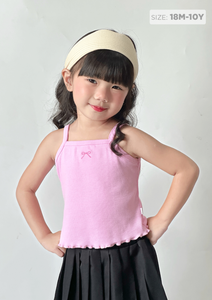 Áo Hai Dây Bé Gái Thun Gân Hồng Thêu Nơ