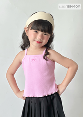 Áo Hai Dây Bé Gái Thun Gân Hồng Thêu Nơ