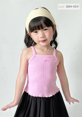 Áo Hai Dây Bé Gái Thun Gân Hồng Thêu Nơ