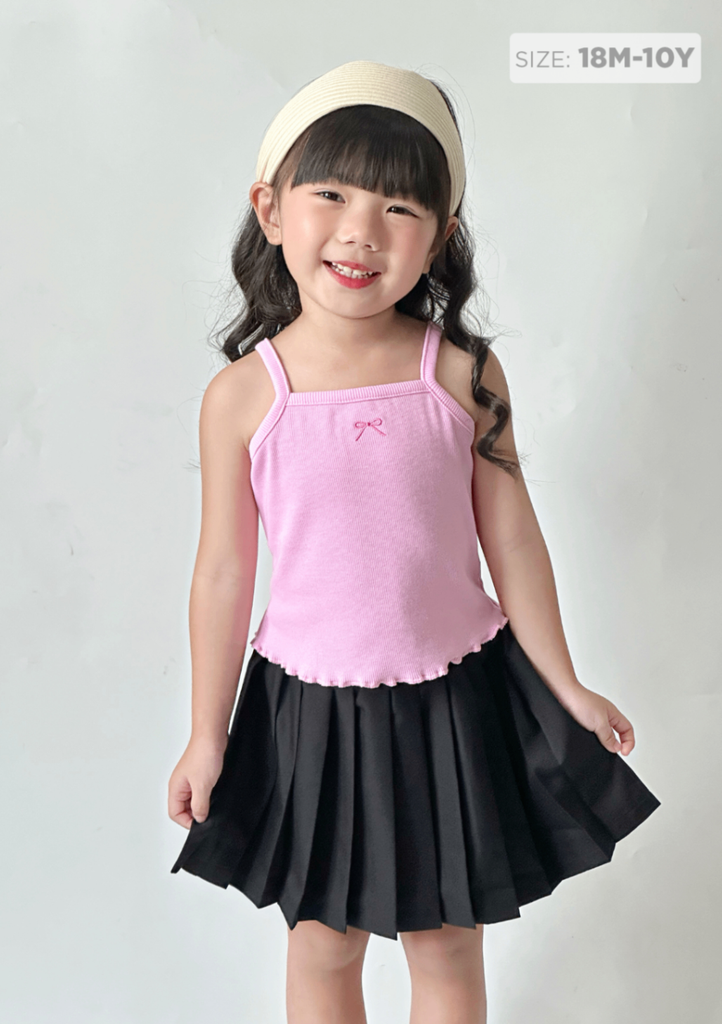 Áo Hai Dây Bé Gái Thun Gân Hồng Thêu Nơ