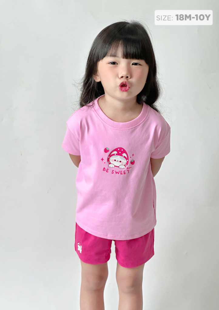 Đồ Bộ Ngắn Tay Bé Gái Hồng Phối Mèo Dâu