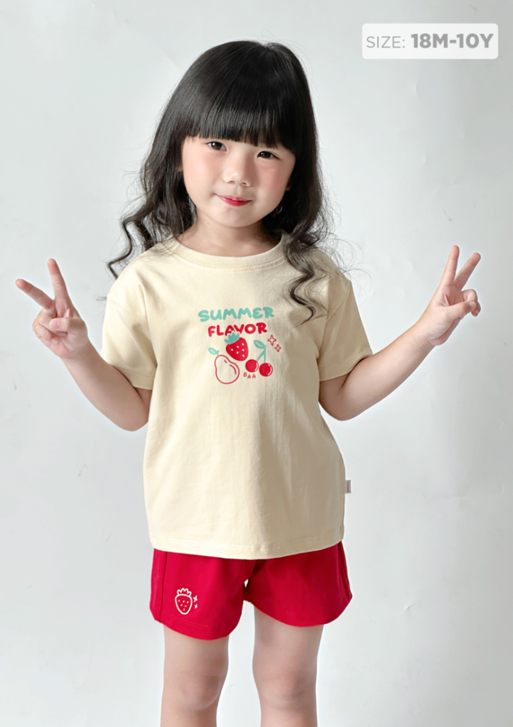 Đồ Bộ Ngắn Tay Bé Gái Kem Phối Đỏ Summer Flavor