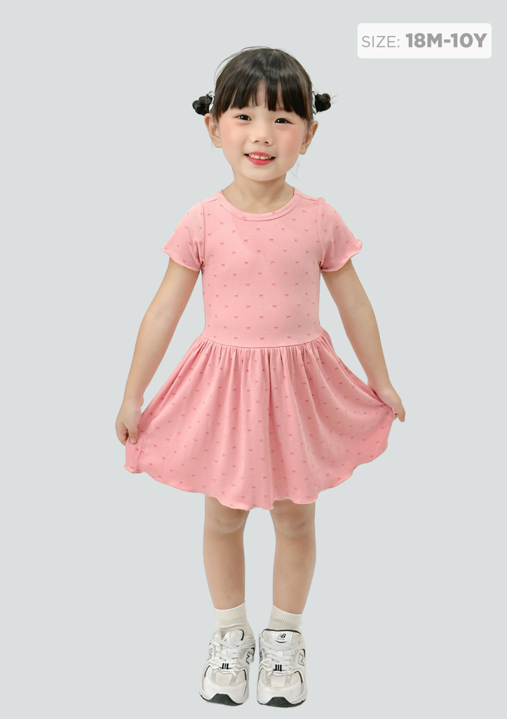 Đầm Thun Kiểu Bé Gái Hồng Gân Họa Tiết Nơ